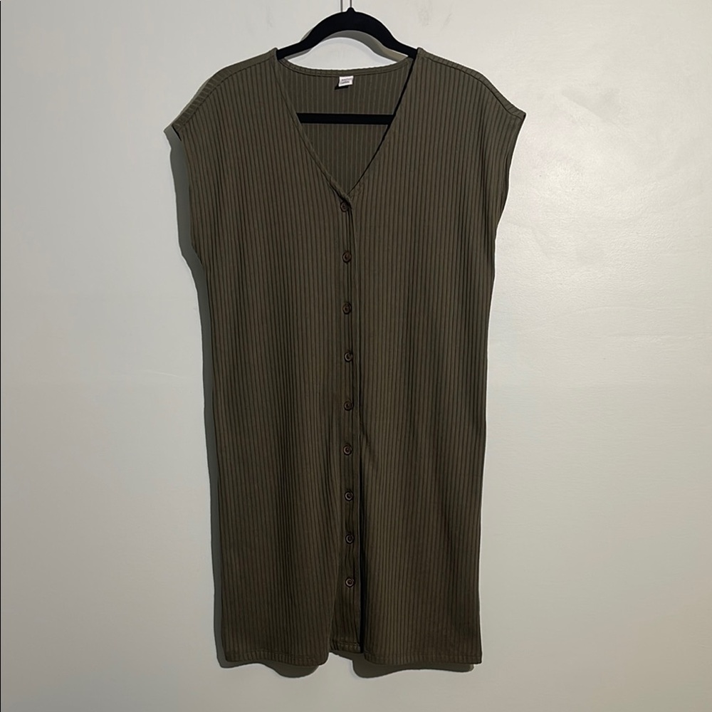 Old Navy Ribbed Knit Olive Green Button Down Shift Dress Women’s Medium